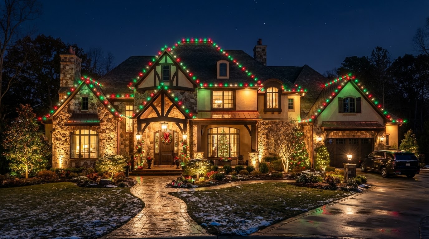 Classic Christmas Red & Green — Vibrant festive illumination along peak rooflines and front entry gables.