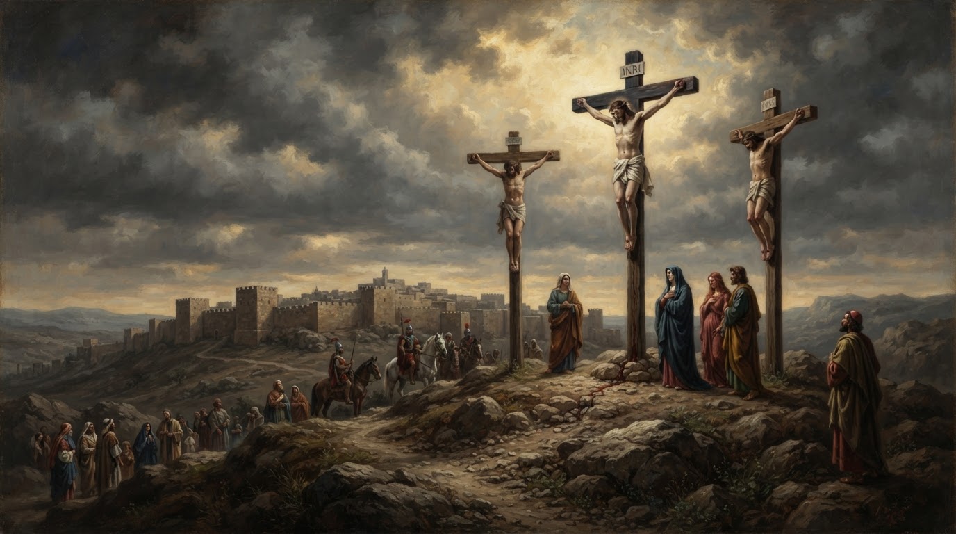 Gólgota en Jerusalén siglo I: tres cruces en un promontorio rocoso, luz dorada rompiendo entre nubes tormentosas