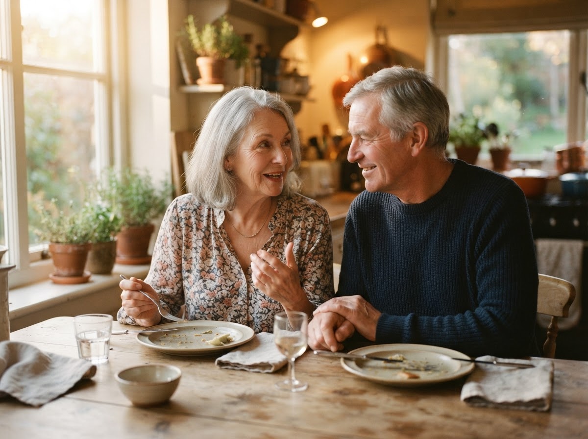 An older couple sharing a conversation at a warm kitchen table in Clarkston