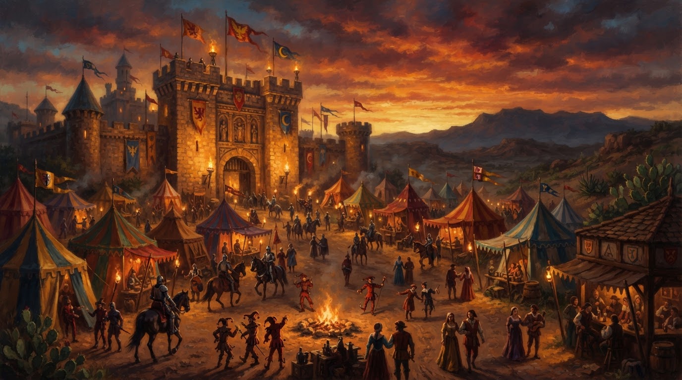 West Texas Renaissance Festival castle gate at dusk