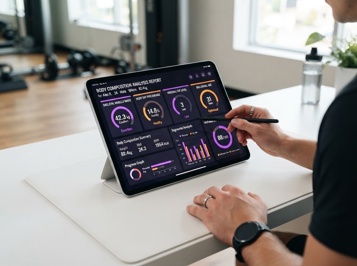 Evolt 360 body composition scan report showing skeletal muscle mass, body fat percentage, visceral fat level, and biological age