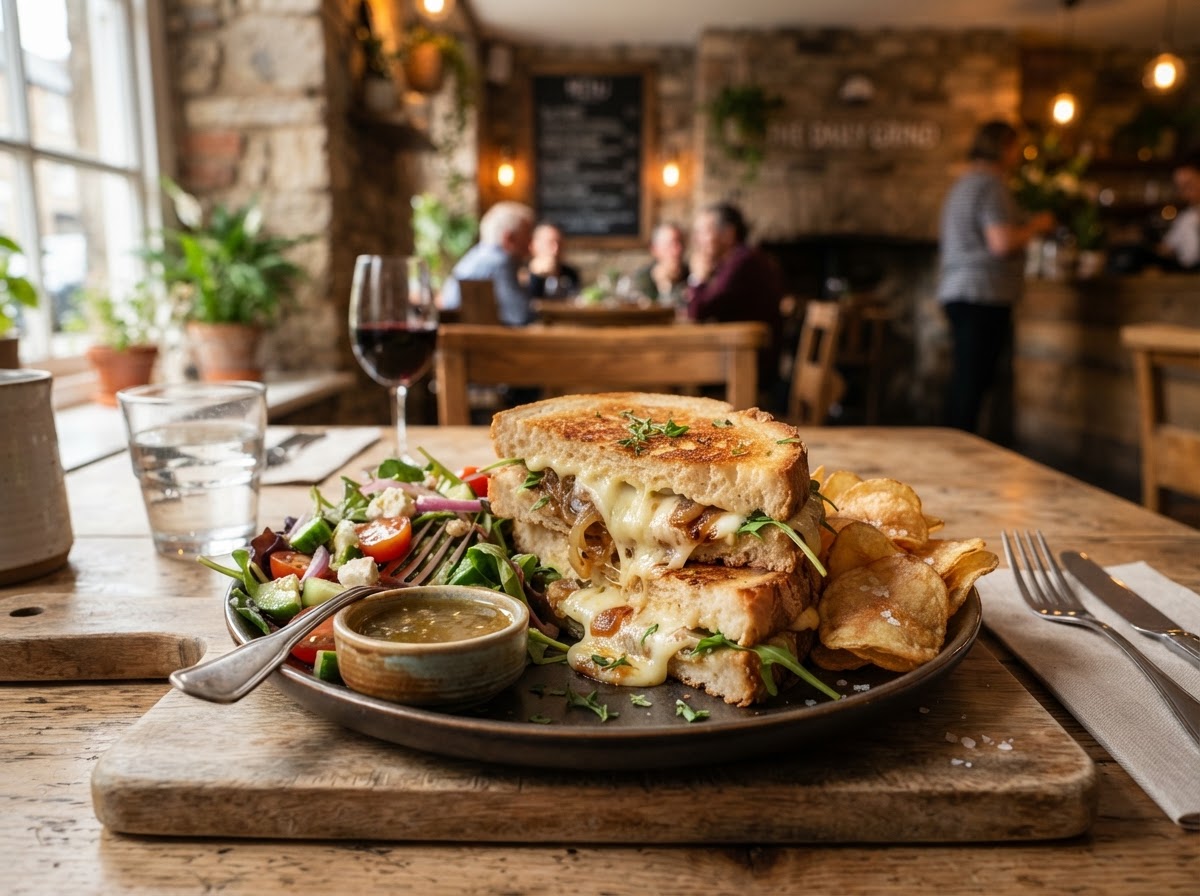 Gourmet melted cheese toastie panini with fresh salad at Paws & Play Willows