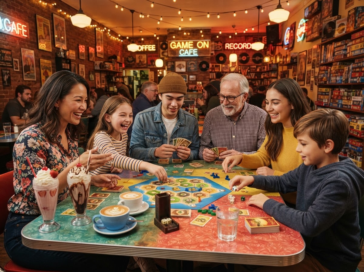 Families playing board games at Paws & Play Willows cafe