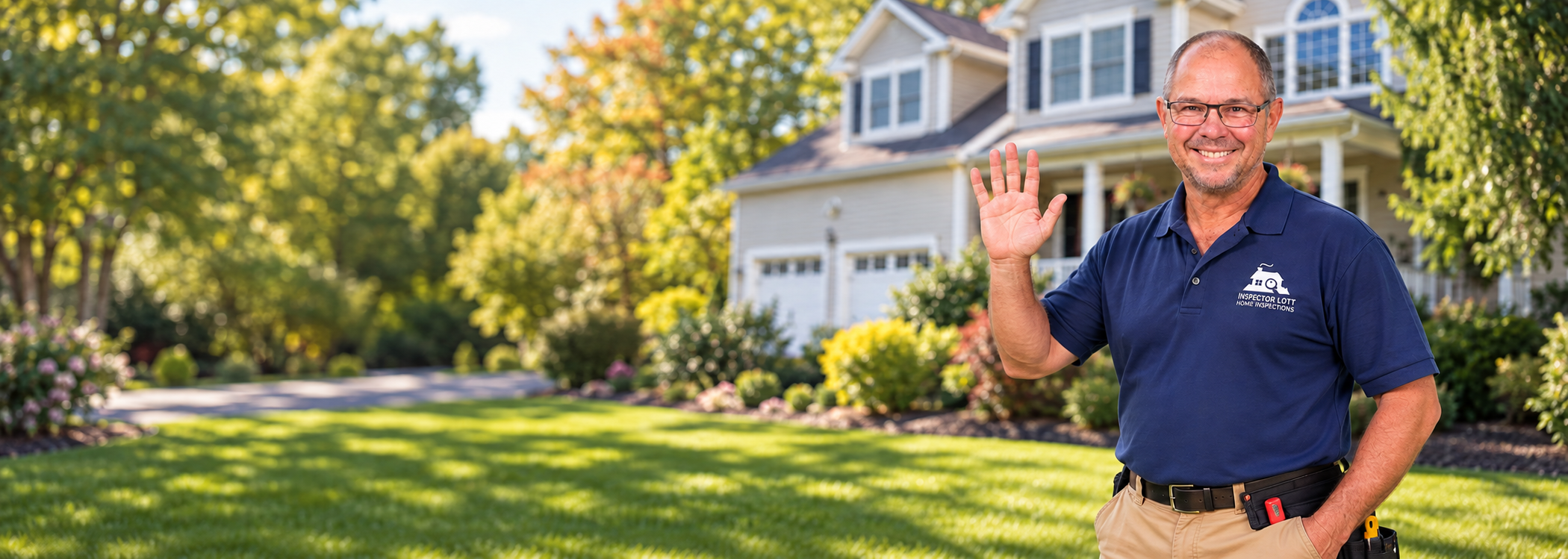 Sam Lott waving in front of a home