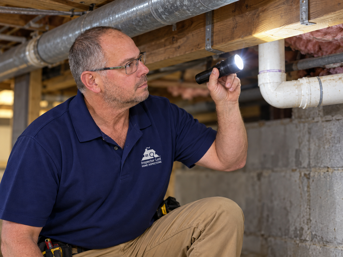 Sam Lott inspecting basement and crawlspace with flashlight