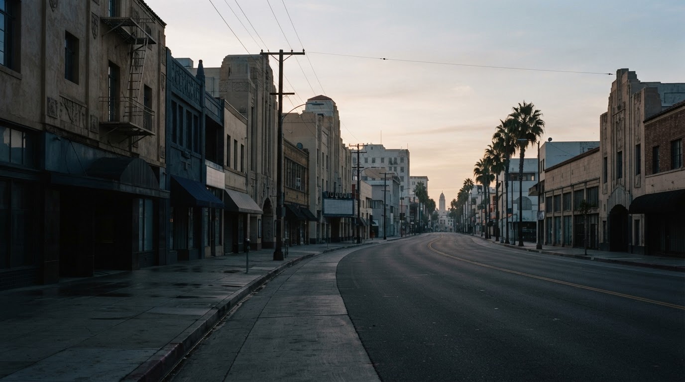 A quiet Hollywood street at dawn with soft light and architectural shadows