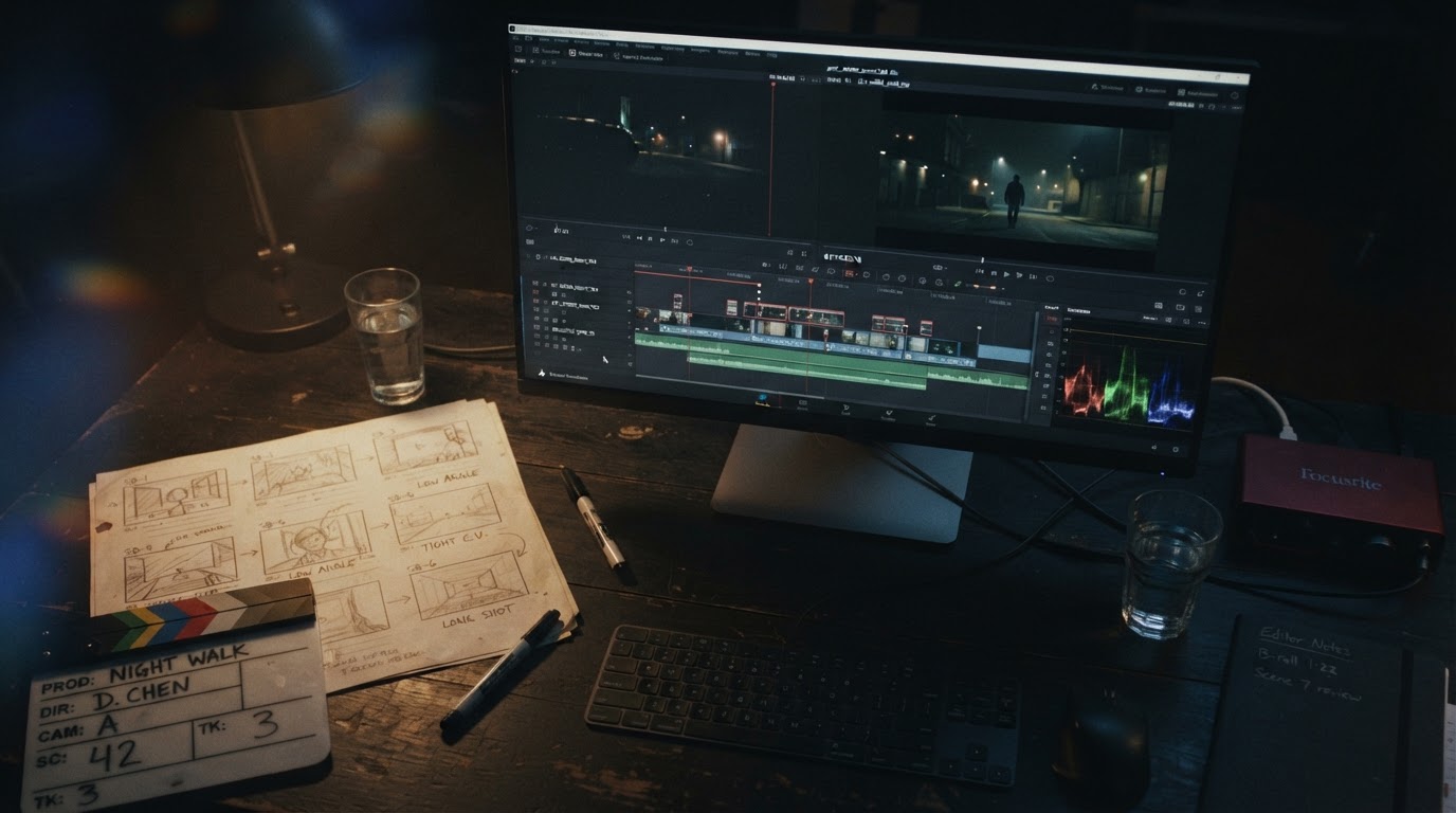An abstract production frame with storyboard sketches and editing marks under soft light
