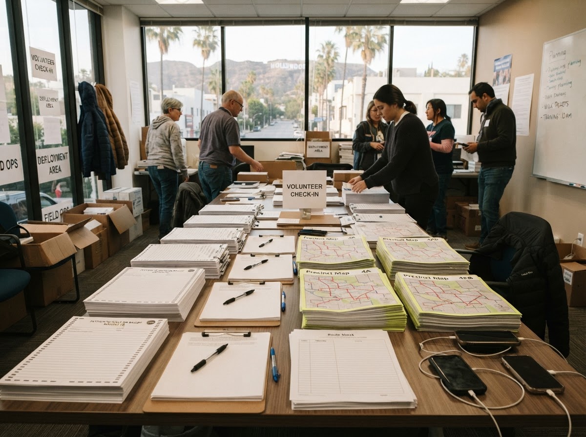 A political campaign field operations workspace before deployment, tables prepared with blank materials, clipboards, maps, and phones