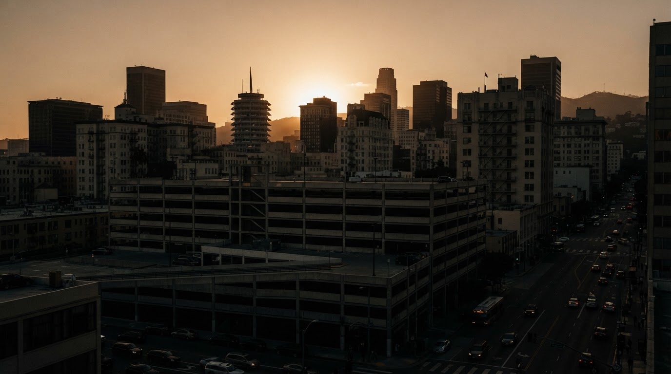 Los Angeles architecture at golden hour, mid-century buildings silhouetted against warm light