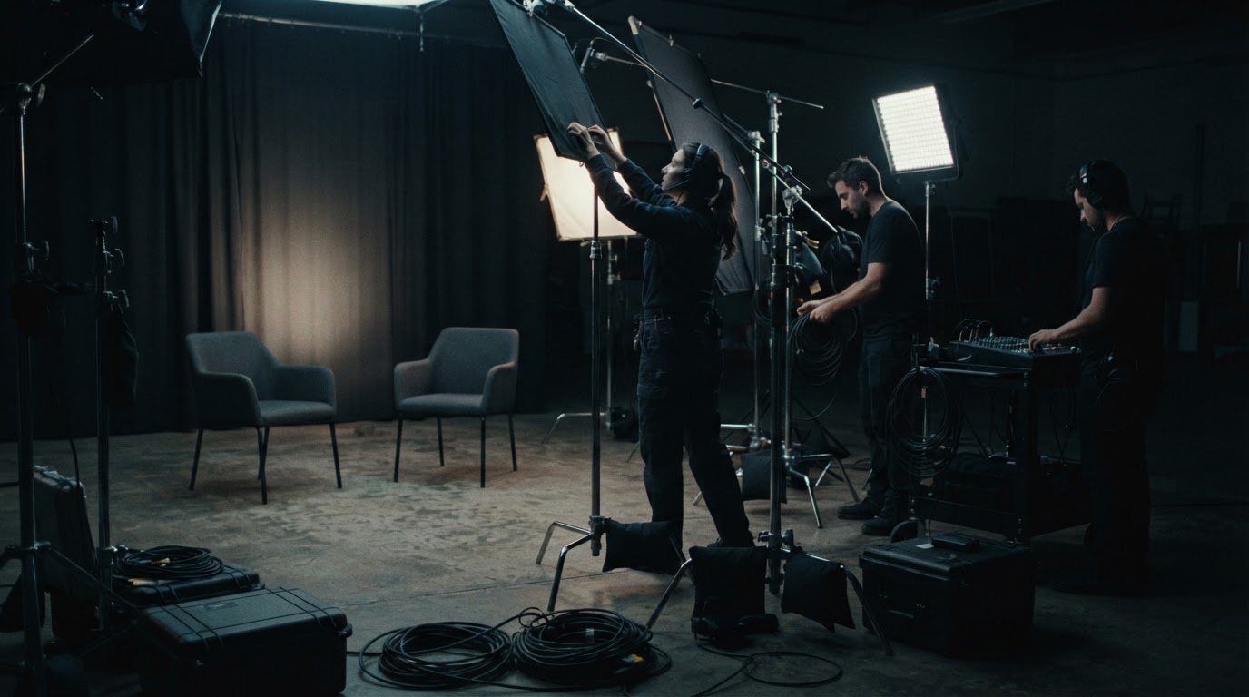 Anonymous crew setting lights around a generic interview setup, production atmosphere