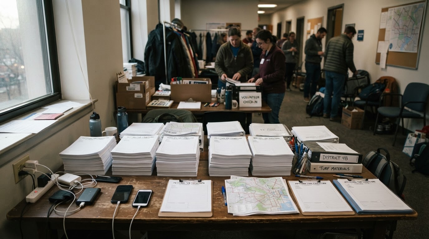 A political field operations workspace before deployment, tables prepared with blank petition materials, clipboards, and maps