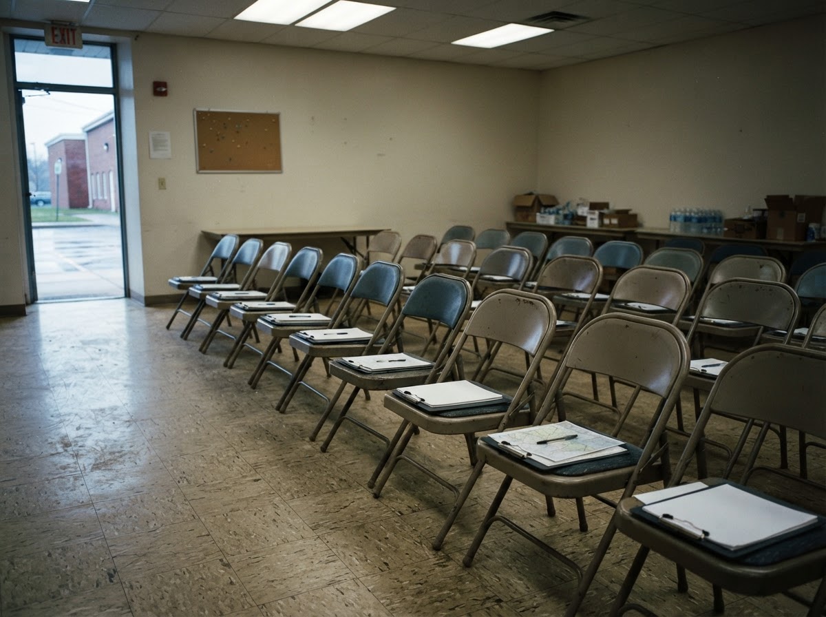 A briefing room before deployment, rows of chairs and clipboards with blank field materials