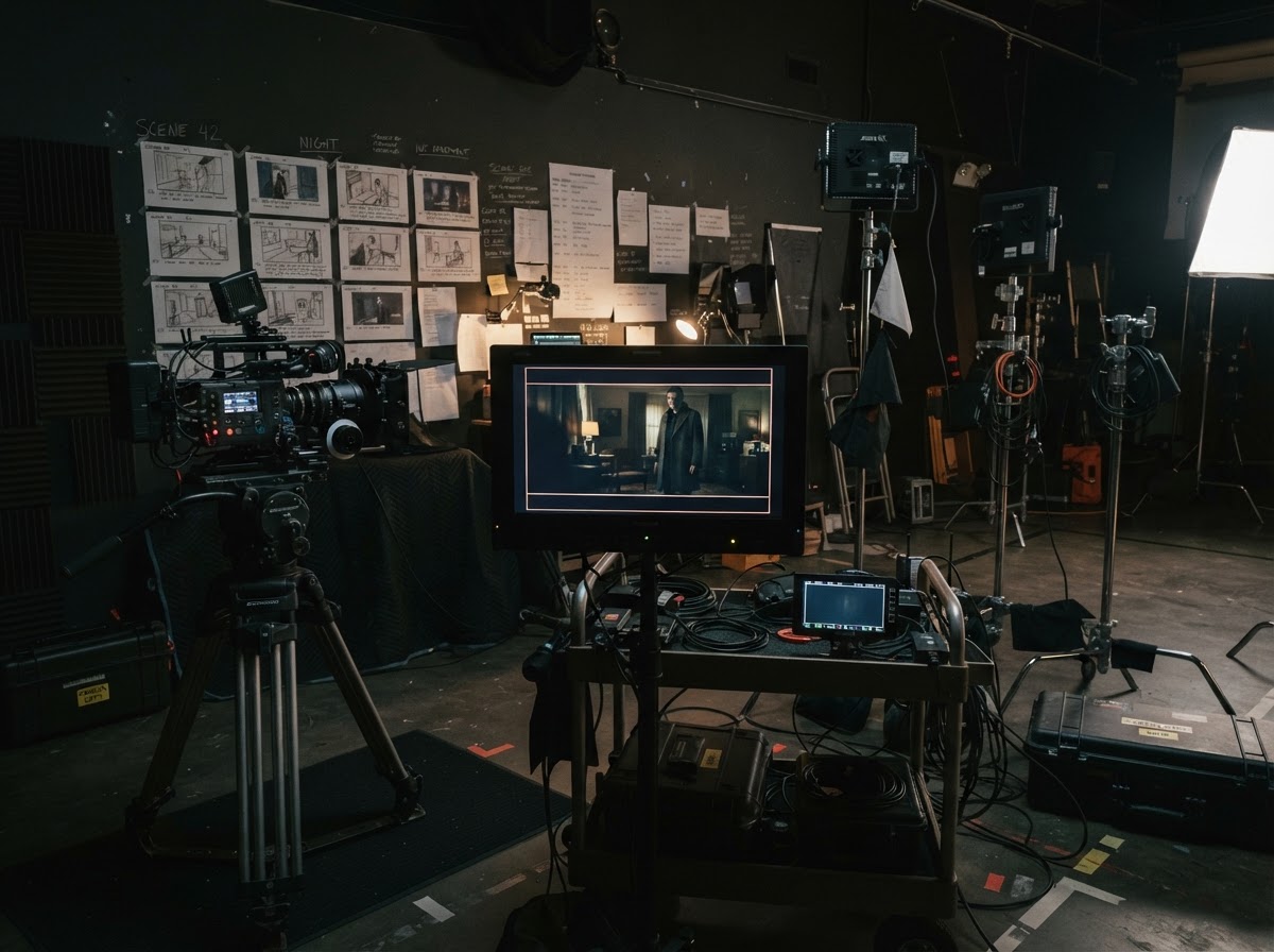 A film production workspace in a dark studio, director monitor, camera rig, and lighting stands
