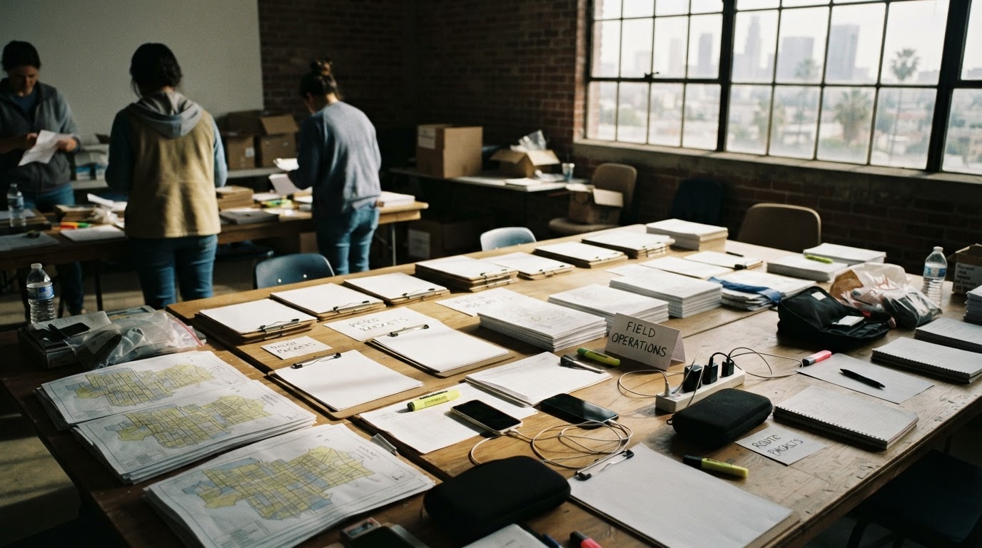 An anonymous campaign workspace before deployment, tables prepared with blank route sheets, clipboards, phones, and maps