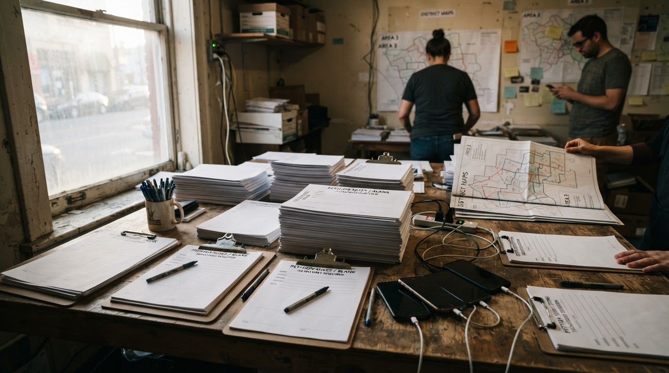 A political field operations workspace before deployment, tables prepared with blank petition materials, clipboards, and maps