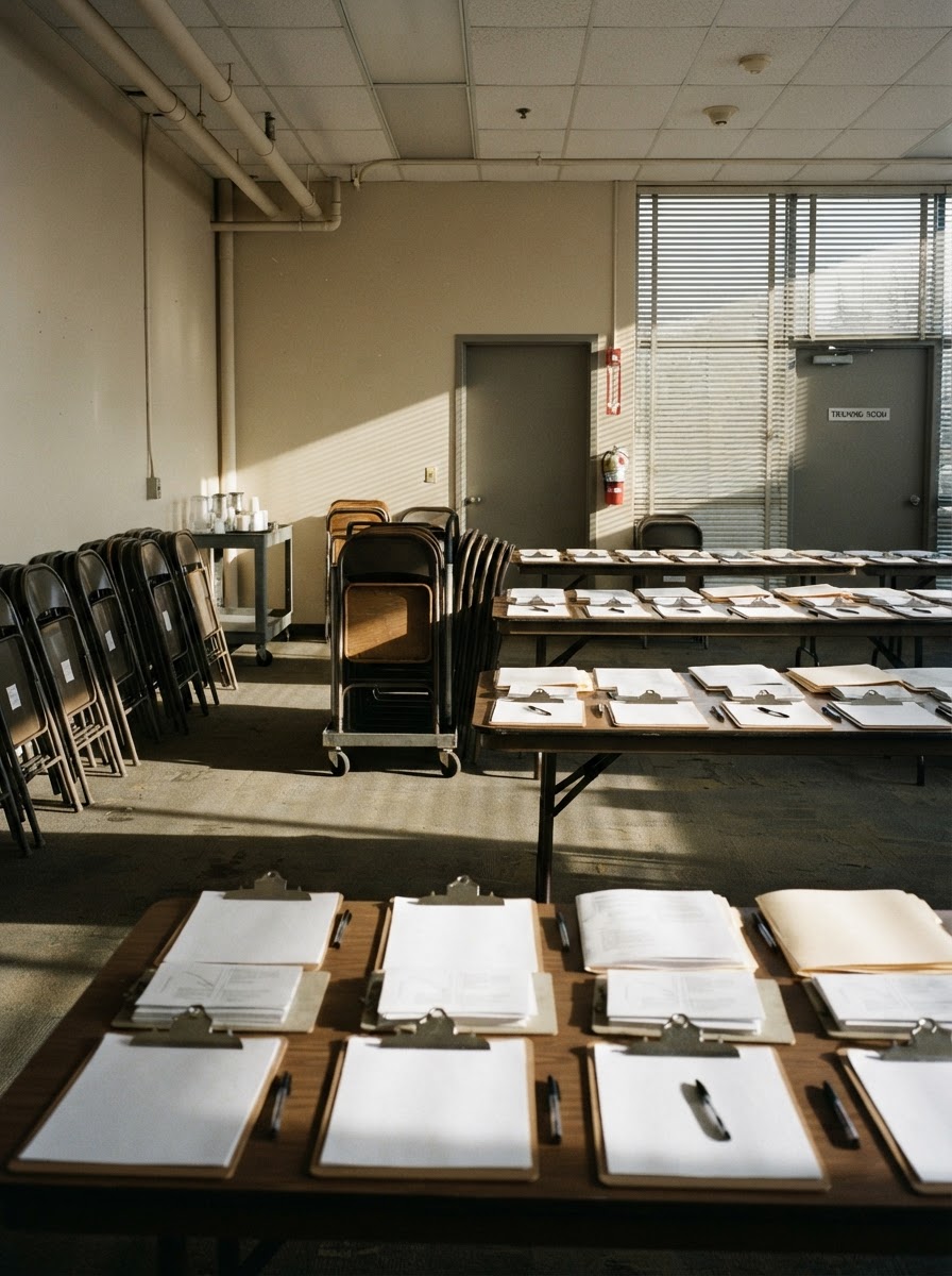 An anonymous training room before a briefing, chairs and clipboards with blank field materials