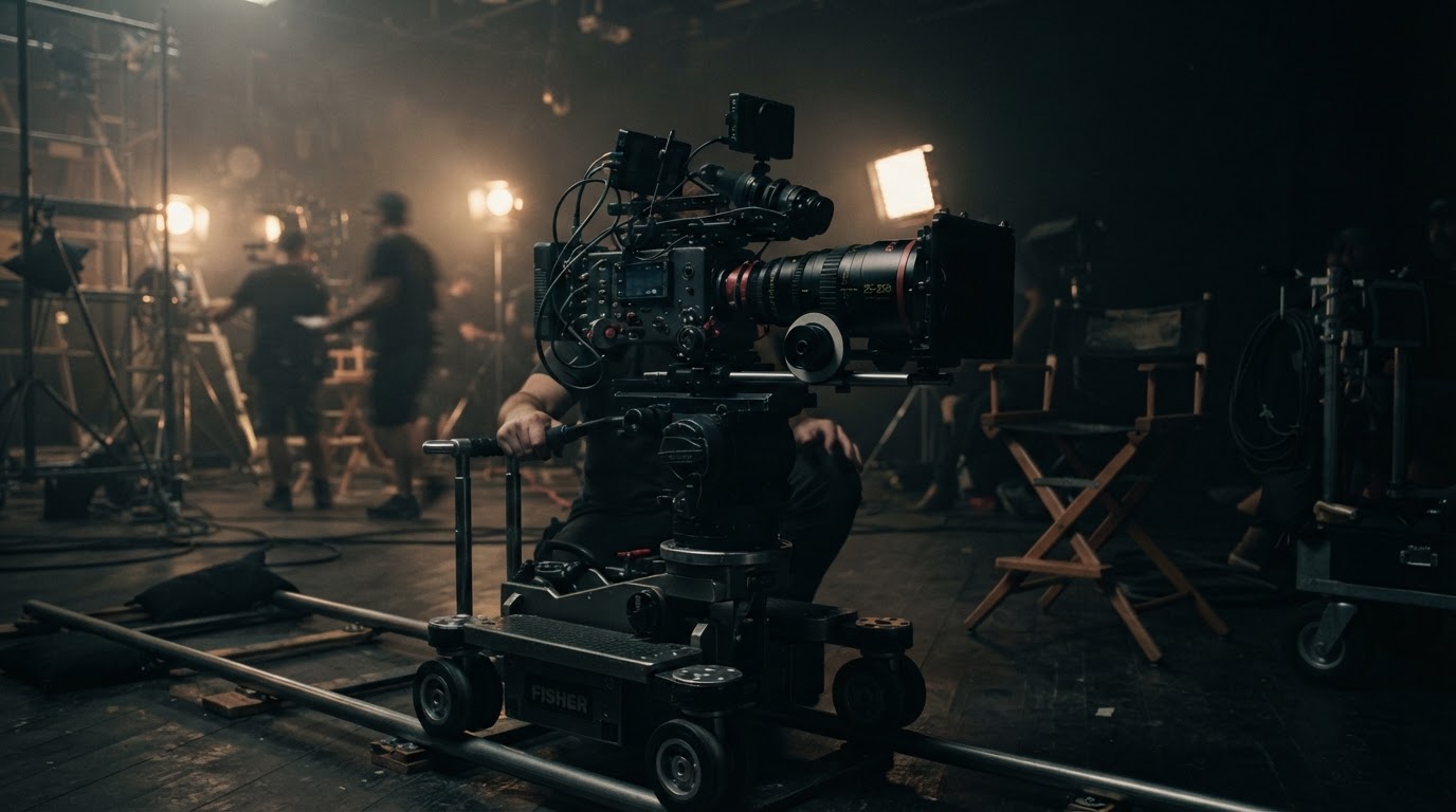 A film camera and lens on a dolly in low light, production lighting glowing behind it