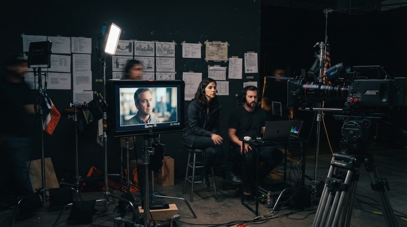 A political advertising production environment, a director's monitor and camera rig in a dark studio