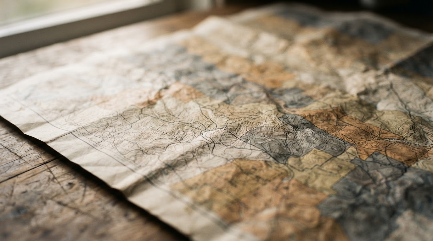 Abstract territory lines and boundary markings across a folded map, raking light