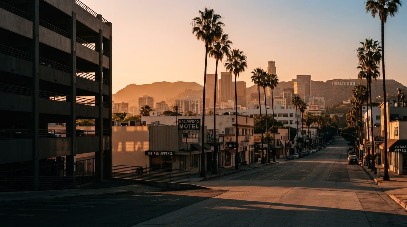 Hollywood Los Angeles at golden hour, mid-century buildings and palm silhouettes