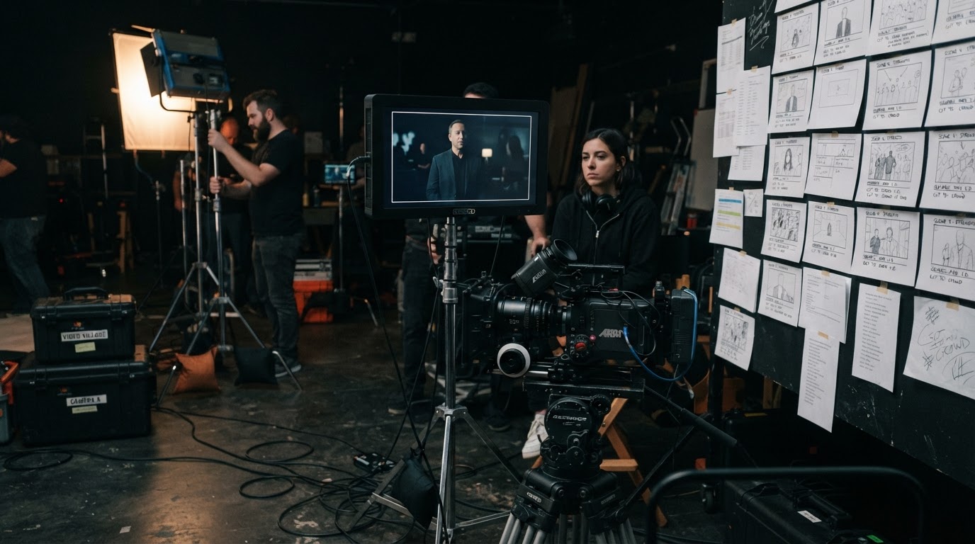A political advertising production environment, a director's monitor and camera rig in a dark studio with storyboard pages