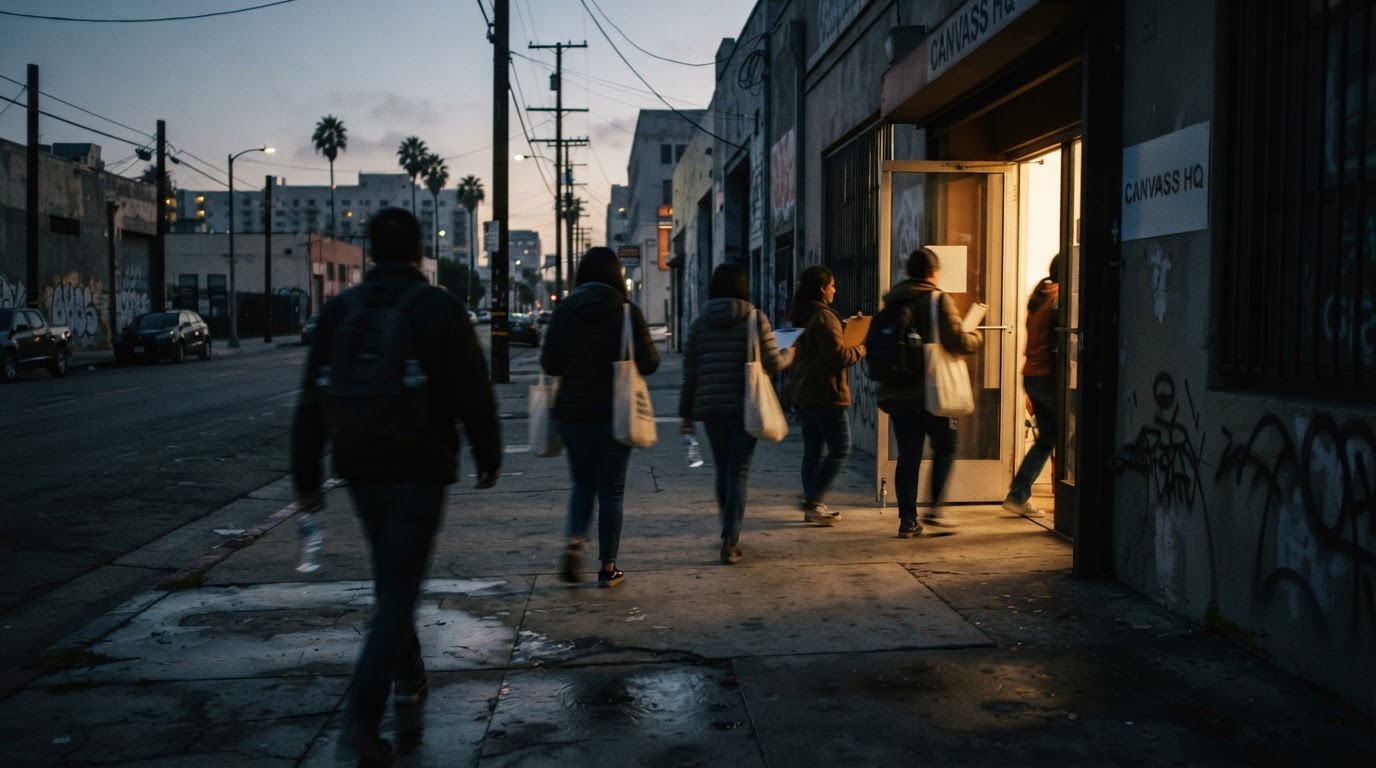 Anonymous staff leaving a staging location at dawn, motion blur, documentary framing