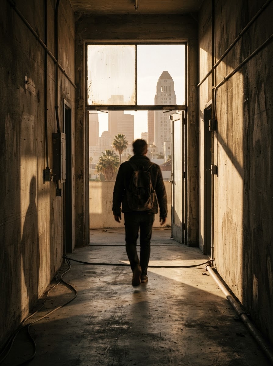 An anonymous figure moving through a doorway, seen from behind