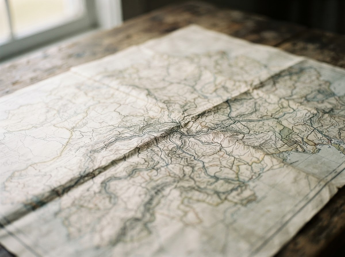 Abstract territory lines and boundary markings on a folded map, light falling across the surface