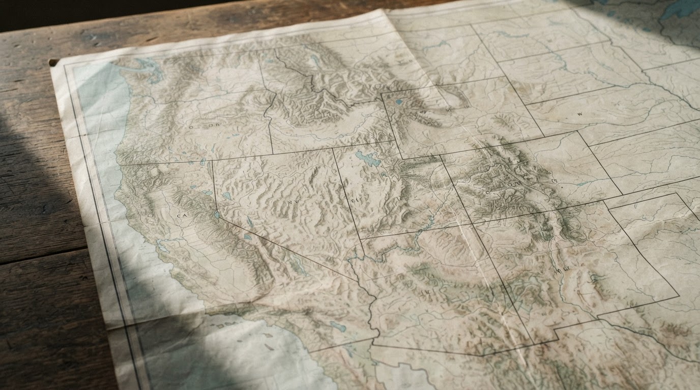 Abstract territory lines and boundary markings across a folded map of the western United States, raking light