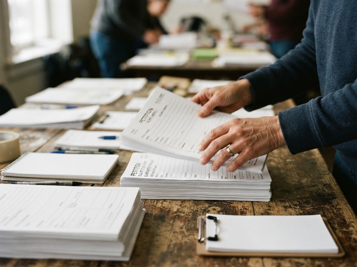 Close detail of hands organizing blank petition packets and field materials on a worn table