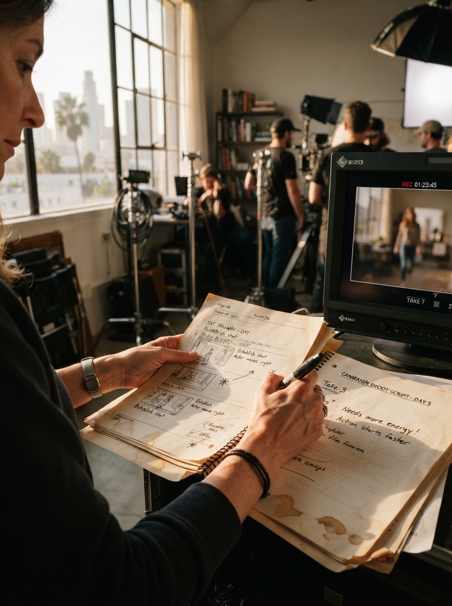 A director's hands marking a storyboard and script beside a production monitor in a creative studio