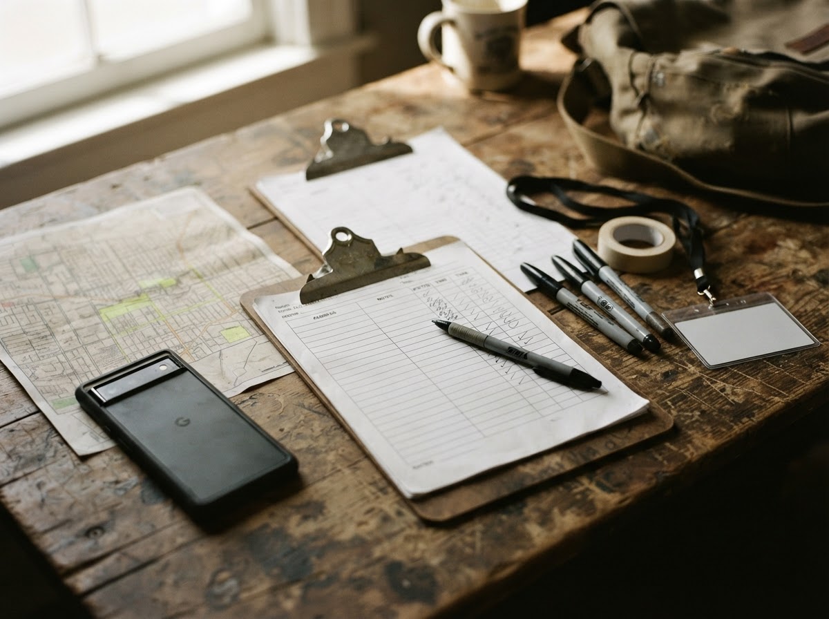 Field-management materials on a worn table, maps, a phone, clipboards, and blank route sheets
