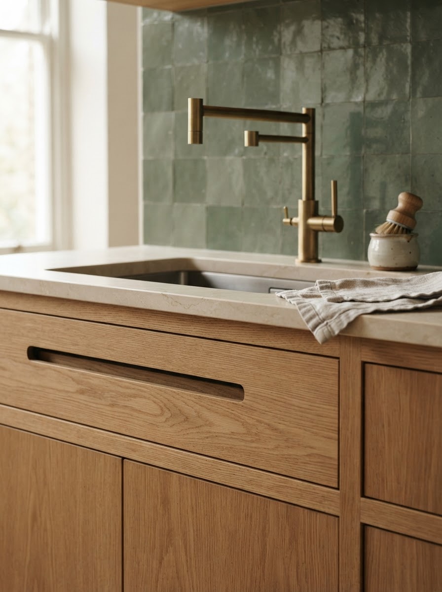 Design inspiration: kitchen detail with oak cabinetry groove and brass tap