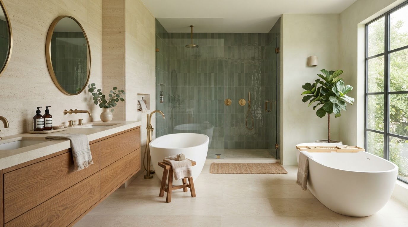 Design inspiration: bathroom with oak vanity and forest green tile