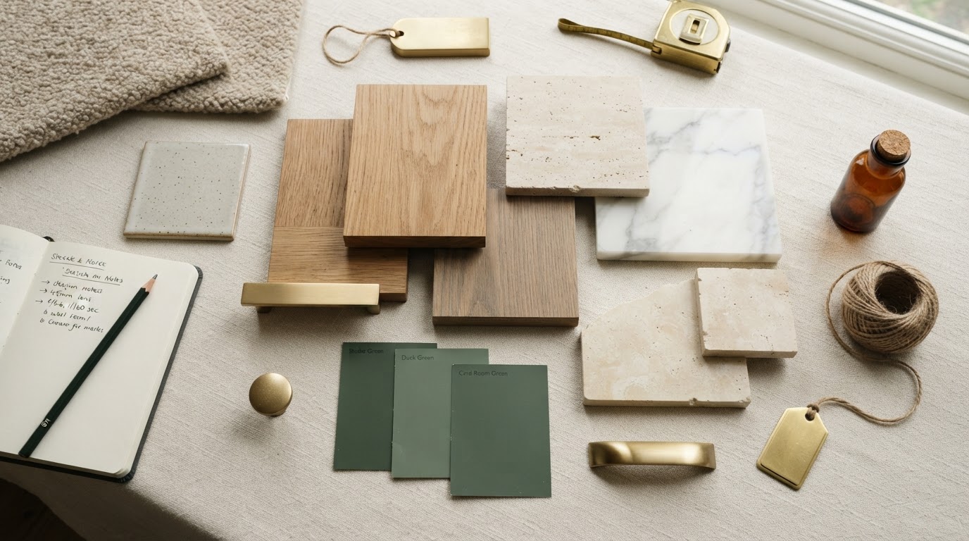 Design inspiration: material samples of oak, stone, tile and brass