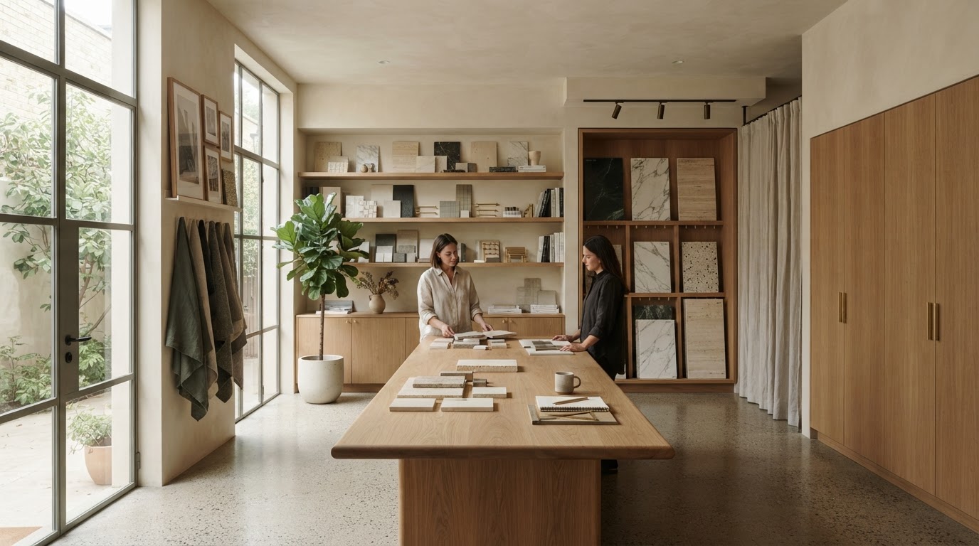 Design inspiration: a boutique showroom with warm oak shelving and material samples