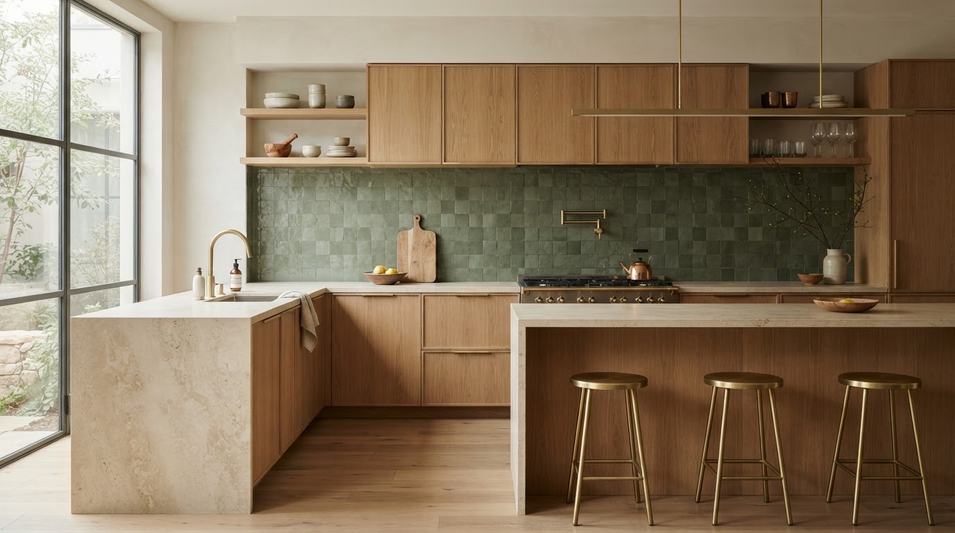 Design inspiration: kitchen detail with oak cabinetry and brass tap