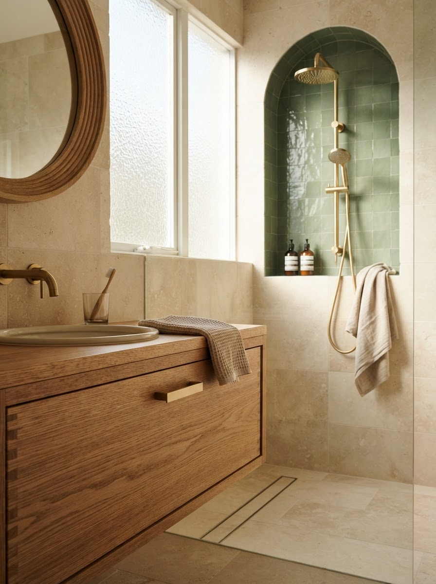 Design inspiration: bathroom detail with oak vanity and forest green shower niche