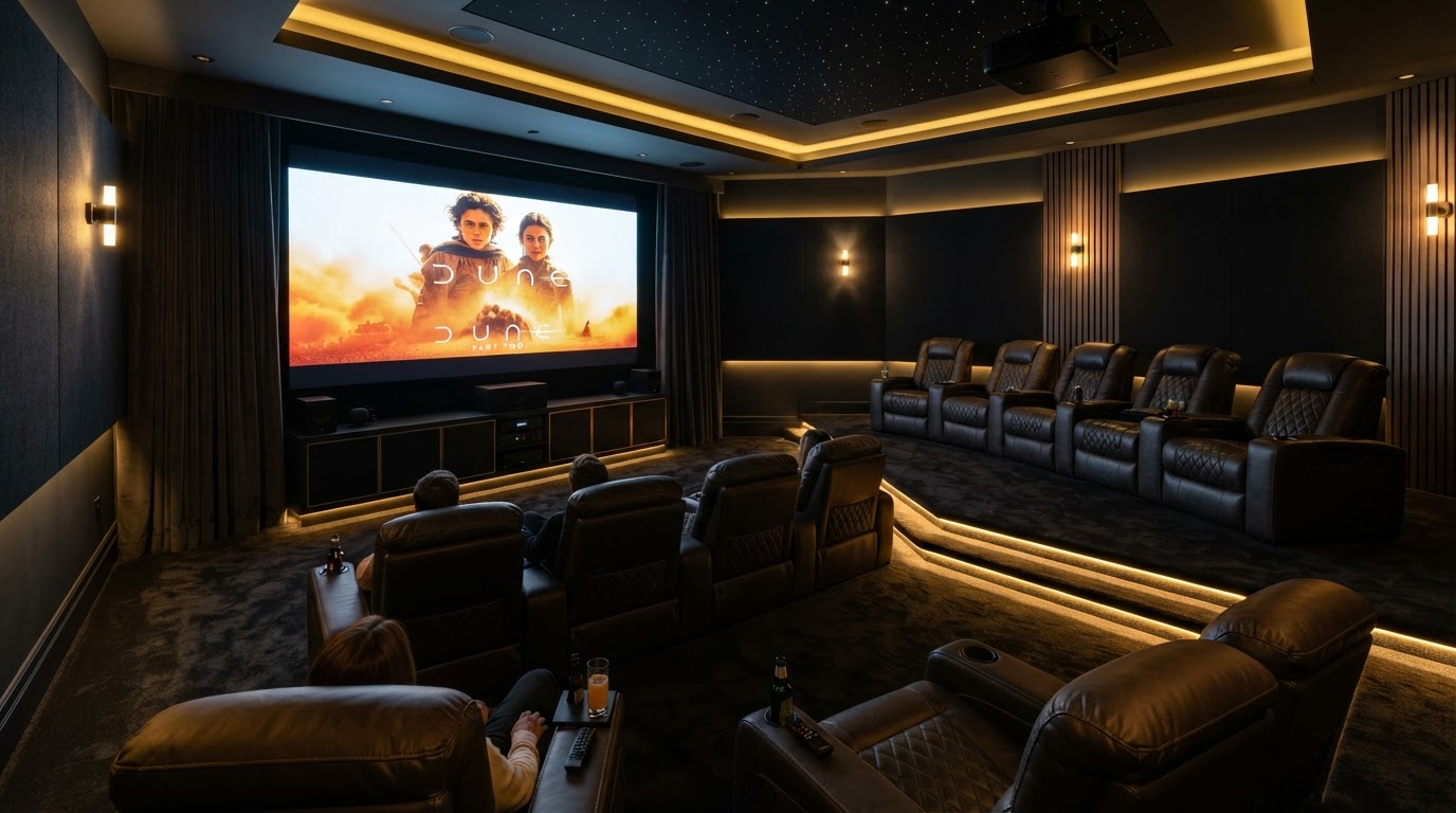 Home theater and audio video entertainment space by Gold Standard Smart Living