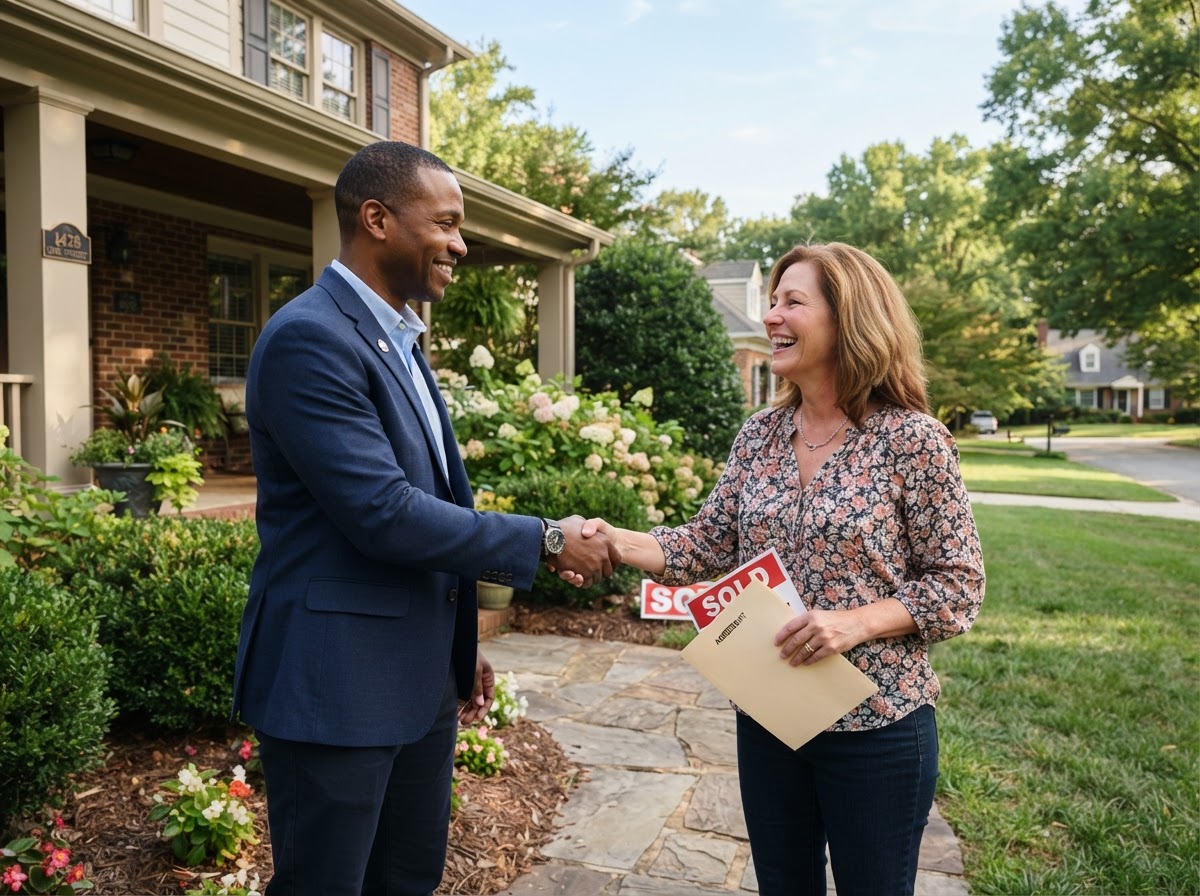 Happy homeowner closing a deal with a real estate wholesaler