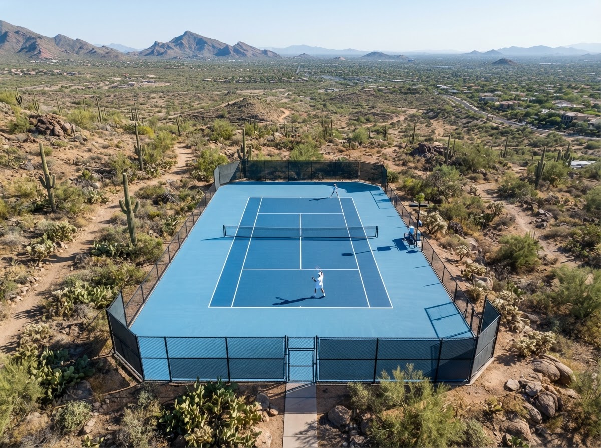 Aerial view of a freshly lined blue tennis court with white boundary lines in Arizona