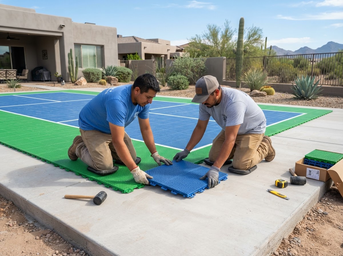 Workers installing interlocking modular sport court tiles on a prepared base in Chandler, AZ