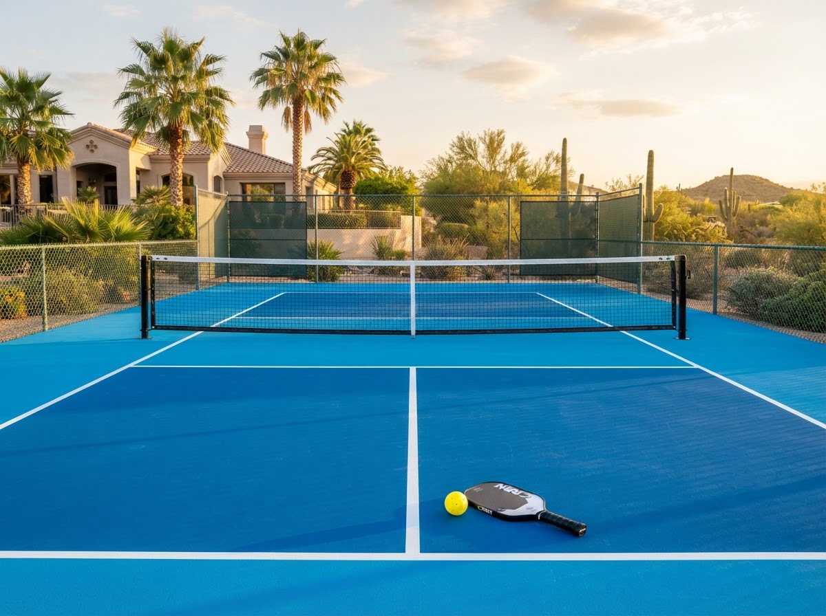 Pristine pickleball court with blue surface, white lines, paddle and ball in Chandler, AZ