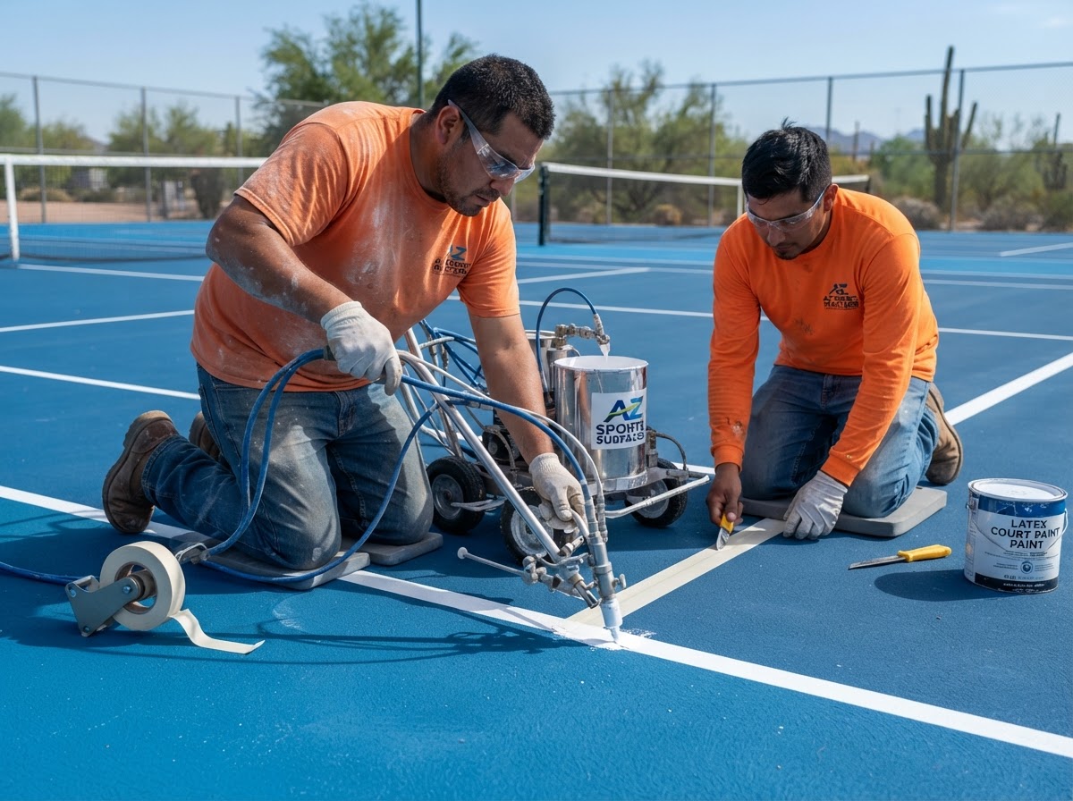 Worker kneeling and painting crisp white boundary lines on a blue sport court surface in Chandler, AZ