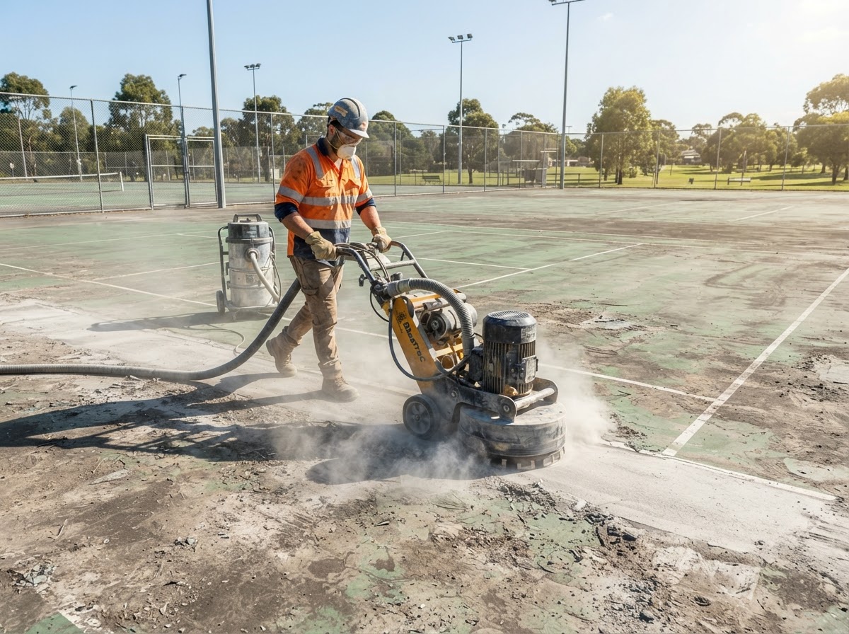 Worker grinding old coating off a sport court surface during resurfacing in Chandler, AZ