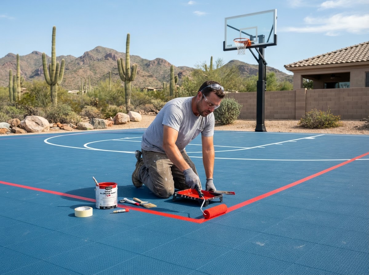 Worker painting red and white boundary lines on a blue basketball court in Chandler, AZ