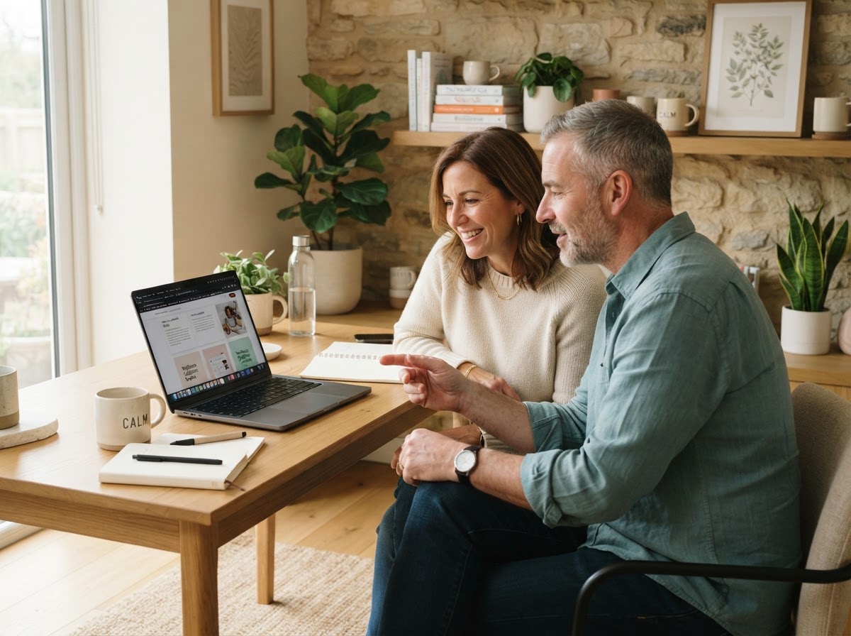 Two experienced creators over 40 collaborating over a laptop in a warm, naturally lit studio