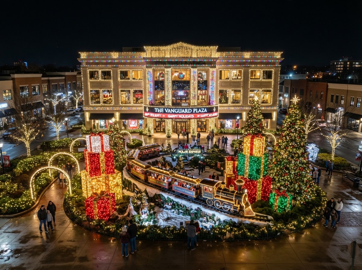 Commercial property with large-scale Christmas display including a train scene