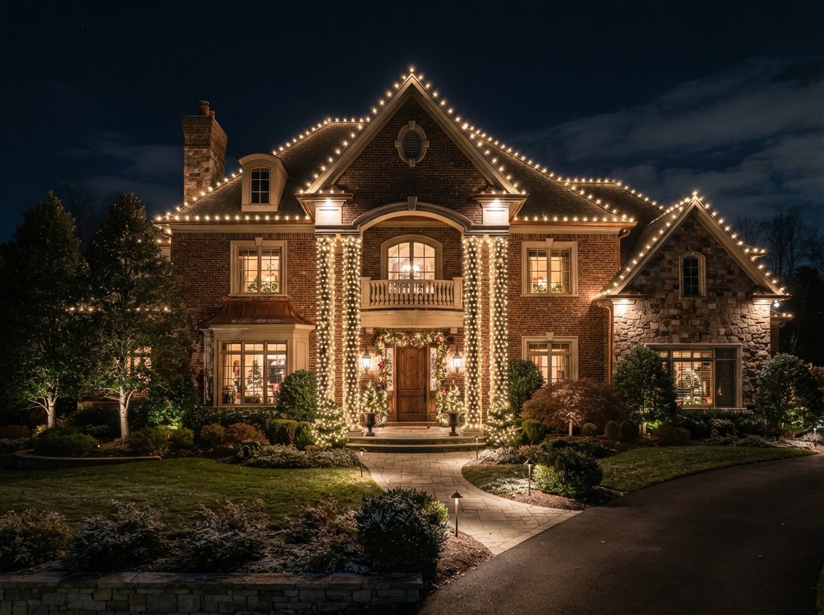 Elegant brick home with warm-white C9 Christmas lights on roofline and columns