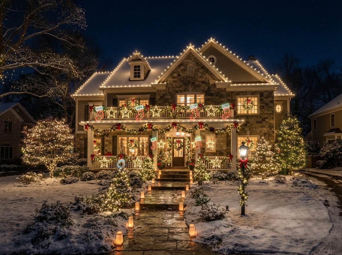 Home with Linkable illuminated stockings and stars with wreaths and garland